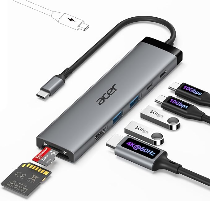Acer 8 in 1 USB C Hub 10Gbps, USBC to HDMI Adapter 4K@60Hz, 2×USB-C 3.2, 2×USB A 3.0 Data Transfer, 100W PD Port Type C Multiport Splitter with SD/TF Card Reader, for MacBook Neo, Laptop, PC, Desktop
