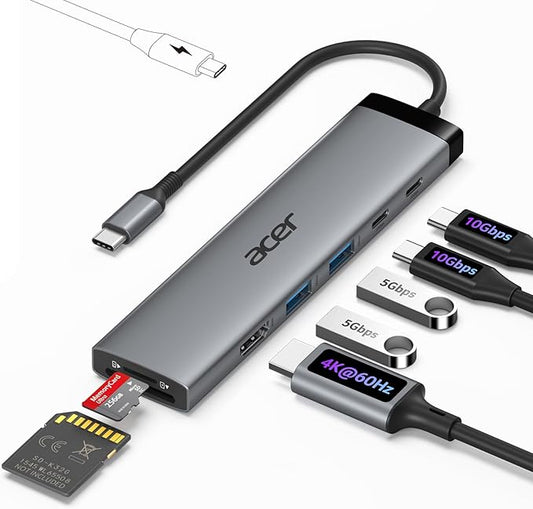 Acer 8 in 1 USB C Hub 10Gbps, USBC to HDMI Adapter 4K@60Hz, 2×USB-C 3.2, 2×USB A 3.0 Data Transfer, 100W PD Port Type C Multiport Splitter with SD/TF Card Reader, for MacBook Neo, Laptop, PC, Desktop