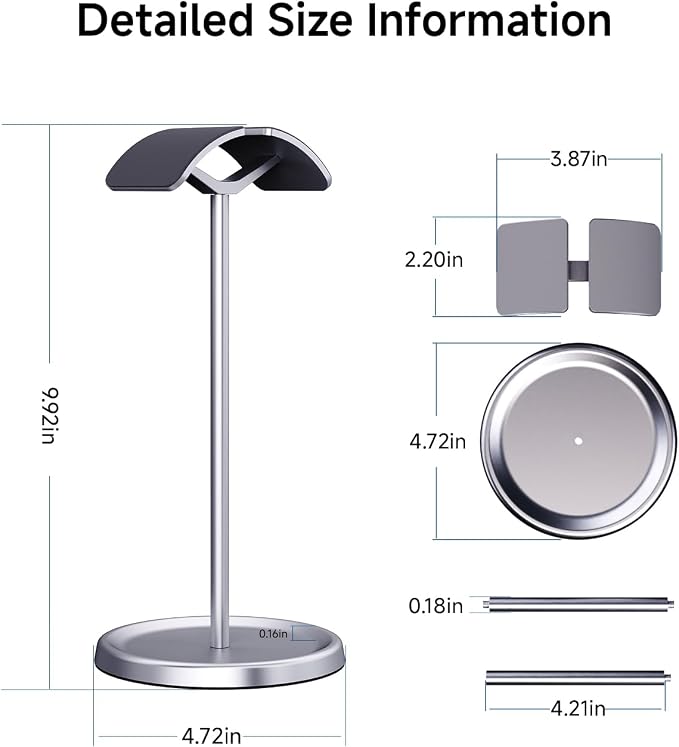 Headphone Stand for Desk, Aluminum Metal Gaming Headset Holder Hanger with Supporting Rod & Base, Headphone Stand for AirPods Max, AirPods Pro, Beats, Bose, Sennheiser, Sony and More - Silver