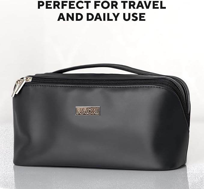 NAORI Travel Makeup Bag for Women | Large Luxury Cosmetic Organizer with Handle & Inner Pockets | Waterproof Faux Leather Toiletry Bag | Makeup Case for Home, Travel & Gifting (Elegant Black)