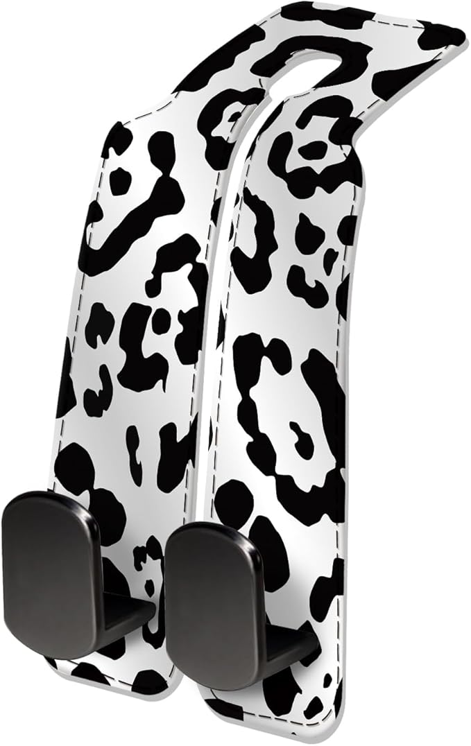 Car Seat Headrest Hook, Universal Leather Cute Hanger Holder Hook, Storage Organizer Interior Accessories for Purse Bags Handbag White Black Leopard