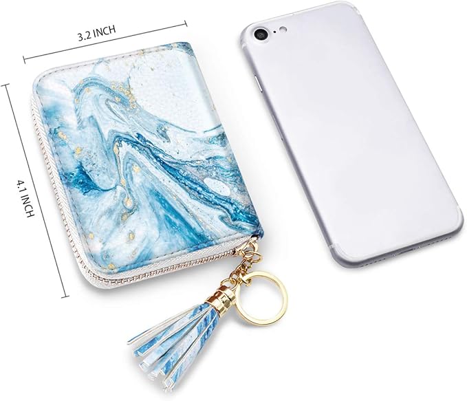Coco Rossi Leather Credit Card Wallet for Women, RFID Blocking Zipper Cards Holder with Tassel, Blue Marble