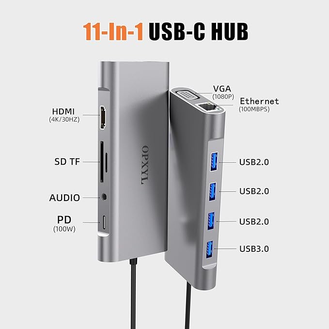 11-in-1 USB C Hub Multiport Adapter, USB C Docking Station with 4K HDMI, VGA 1080P, 100W PD, Ethernet, SD/TF, Audio, USB 3.0 Port, Laptop Dock for MacBook Pro/Air, iPad, Windows (Light Gray)