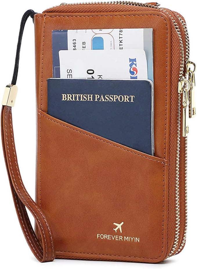 GOIACII Passport Wallet Travel Crossbody Bags for Women Wristlet Phone Purse Double Zip Vegan Leather Brown