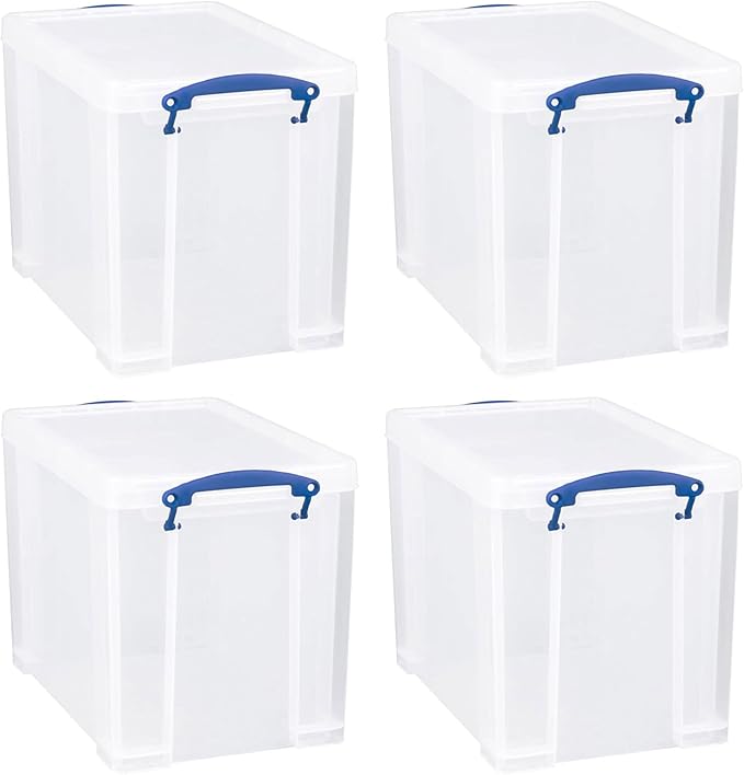Really Useful Box 19 Liter Plastic Stackable Storage Container w/Snap Lid & Built-In Clip Lock Handles for Home & Office Organization, Clear (4 Pack)