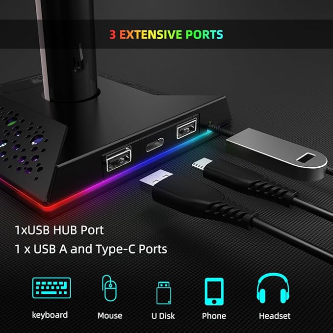 Gaming Headset Stand with Charging Hub for Desk - 3 Ports (USB/Tpye-C Charging Port), RGB PC Gamer Headphone Holder with 10 Color Lighting Modes, Touch Control, Desk Headsets Organizer
