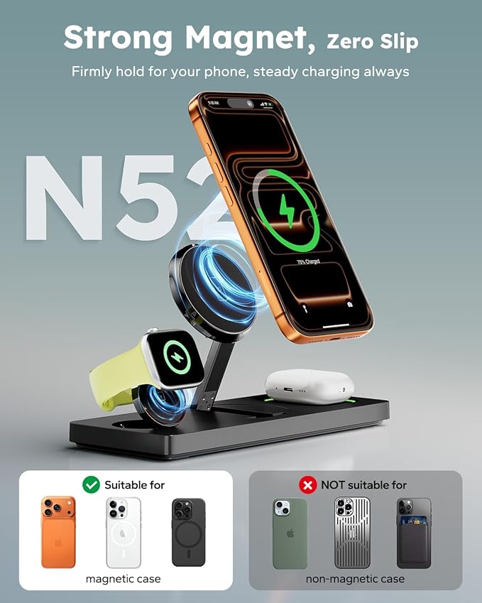 Foldable 3 in 1 Charging Station for Magsafe, Magnetic Phone and Watch Charger Stand for Apple Devices, Wireless Desk Charger Dock for iPhone 17 16 15 14 13 12 Series, Apple Watch and Airpods