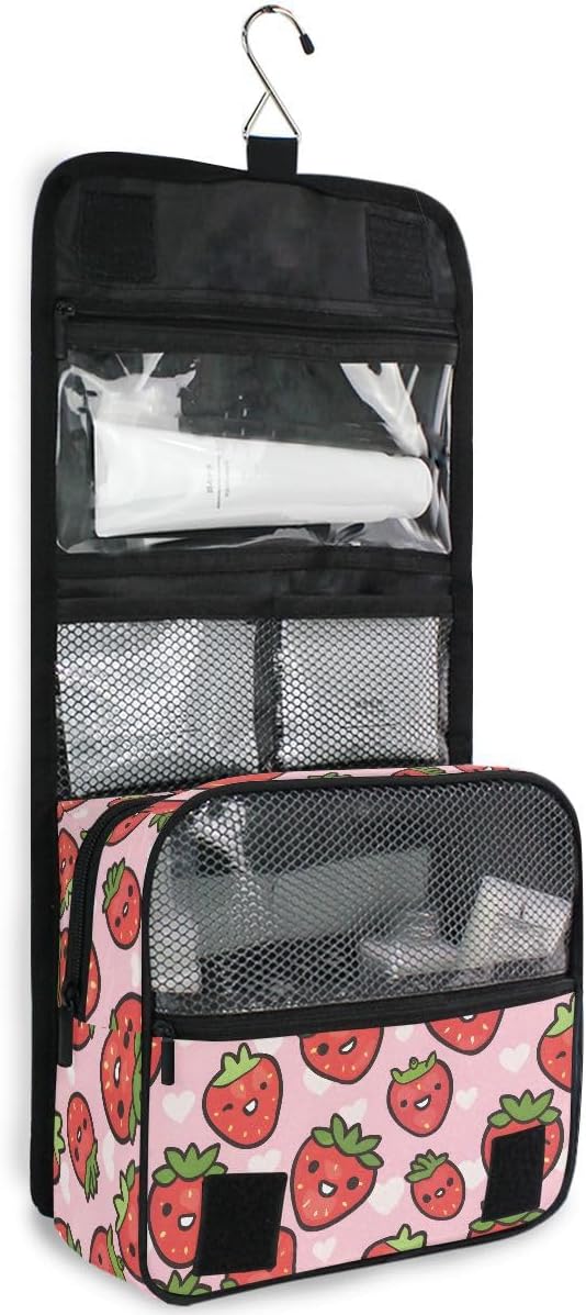 senya Hanging Travel Toiletry Bag Cute Kit Makeup Case Cosmetics Organizer for Men Women (Cute Strawberry Girly)