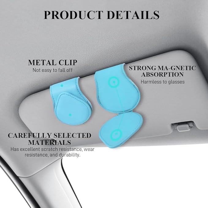 Magnetic Sunglass Holder for Car Visor, Sunglasses Visor Clip, Magnetic Leather Vehicle Glasses Ticket Card Clip, Automotive Eyeglass Hanger Organizer Accessories for Most Vehicles (Blue)