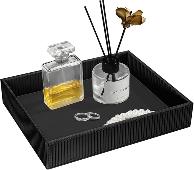 SITHON Valet Tray Desk Organizer, PU Leather Catchall Bedside Vanity Tray Nightstand Caddy Coin Box Key Jewelry Storage Organizer, Graduation Day Father's Gift, Stripe Black