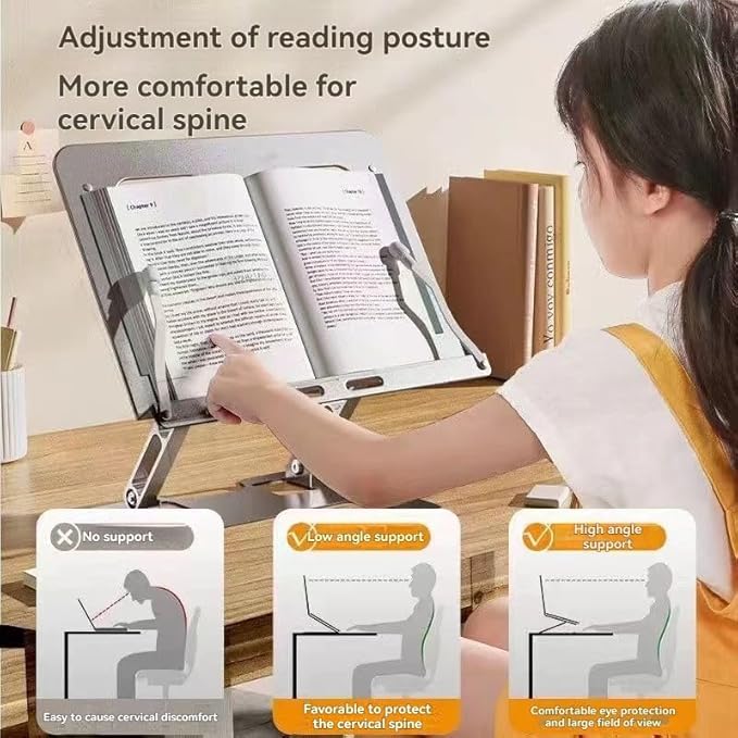 Ergonomic Book Stand Holder - Heavy Duty Aluminum Reading Riser with Page Clamp