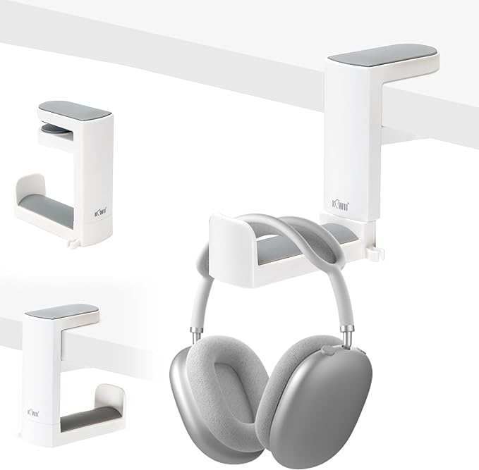 KIWIFOTOS Headphone Stand Holder Under Desk, PC Gaming Headset Hook Hanger Mount with 360 Adjustable Rotating Arm Clamp & Built in Cable Clip - White