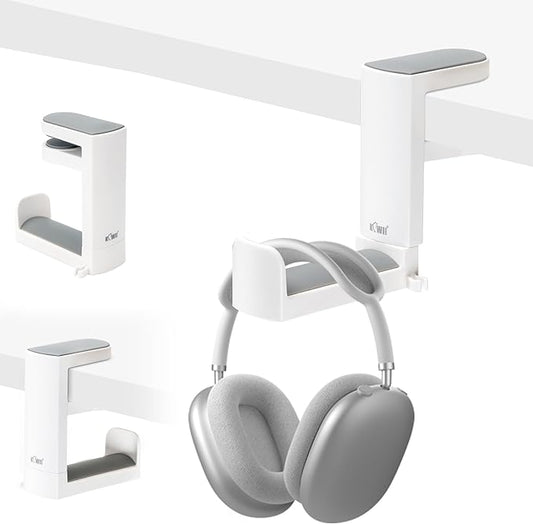 KIWIFOTOS Headphone Stand Holder Under Desk, PC Gaming Headset Hook Hanger Mount with 360 Adjustable Rotating Arm Clamp & Built in Cable Clip - White
