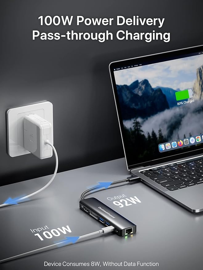 USB C Hub Multiport Adapter, DockteckExpand USB C Dongle 7 in 1 with 4K 60Hz HDMI Port, 1Gbps Ethernet, 100W PD, 2 USB 3.0 Ports, SD/TF Card Reader for MacBook iPad HP Dell XPS and More