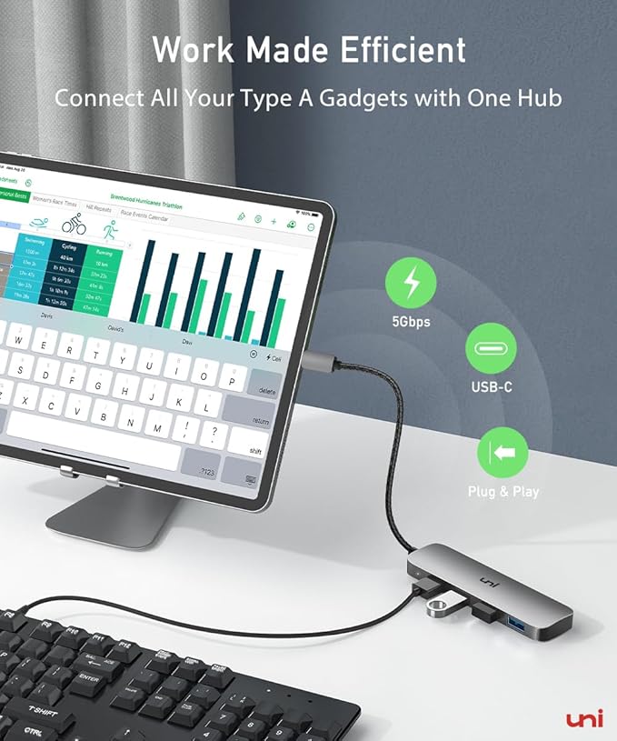uni USB C to USB Hub Multiport Adapter, Aluminum 4 Ports USB C Splitter for Laptop, Slim Thunderbolt 3/4 Data USB Hub Compatible for MacBook Pro/Air, iPad Pro, Dell, Chromebook | Keyboard, Mouse, HDD