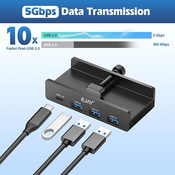 EJAY Mountable 4Ports USB3.0 HUB Alu Desktop Clamp Type C USB3.0 Splitter for Desk/Monitors with Extra Power Supply Port,59inches Data & 39inches Power Cables-5Gbps, Black
