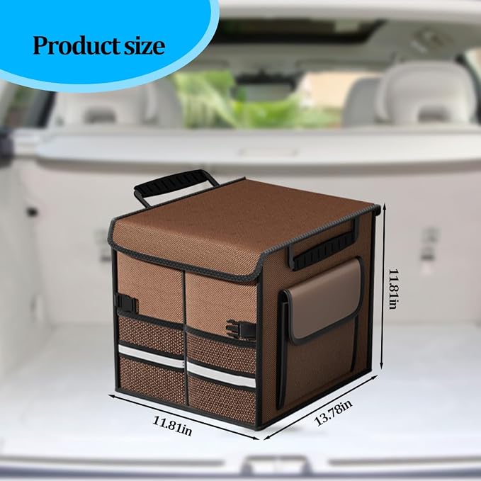 HZEL Car Trunk Organizer with Lid, Foldable Slip Resistant Multi-Compartment Vehicle Cargo Storage Box, Collapsible Waterproof Automotive Trunk Organizer, Universal for SUV Van Truck (Coffee)
