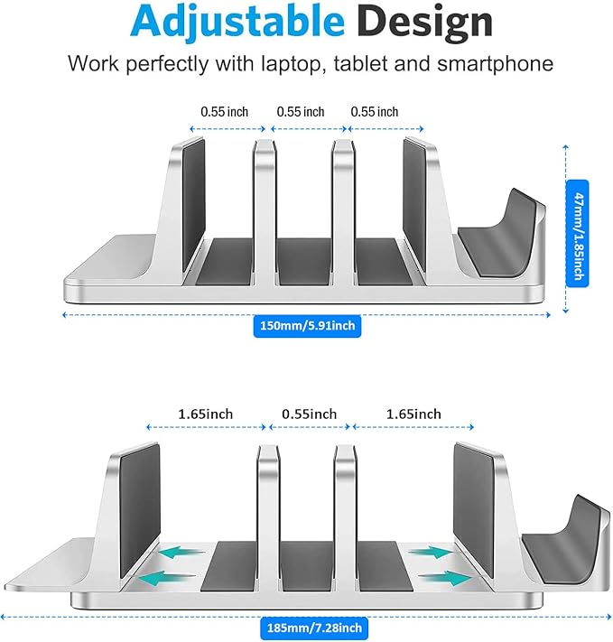 Vertical Laptop Stand [Updated Version],3-Slot Space-Saving Aluminum Desktop Stand Holder with Adjustable Dock Size Compatible for All MacBook/HP/Dell/Surface/Samsung/Chrome Book(Silver)