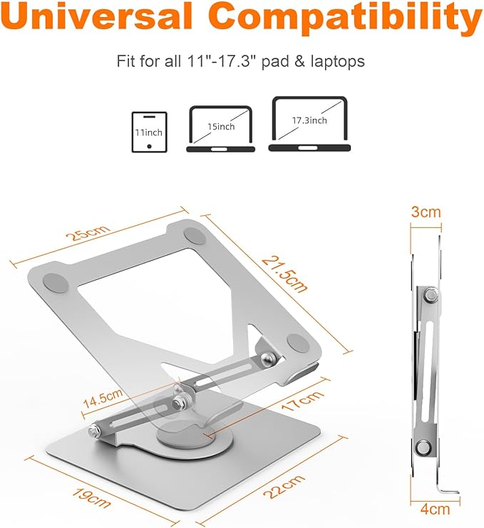 GRIFEMA Laptop Stand for Desk, Foldable Laptop Riser with 360° Swivel Base, Adjustable Height & Angle, Ventilated Computer Stand Compatible with MacBook Air/Pro, Dell, and 11-17" Laptops - Silver