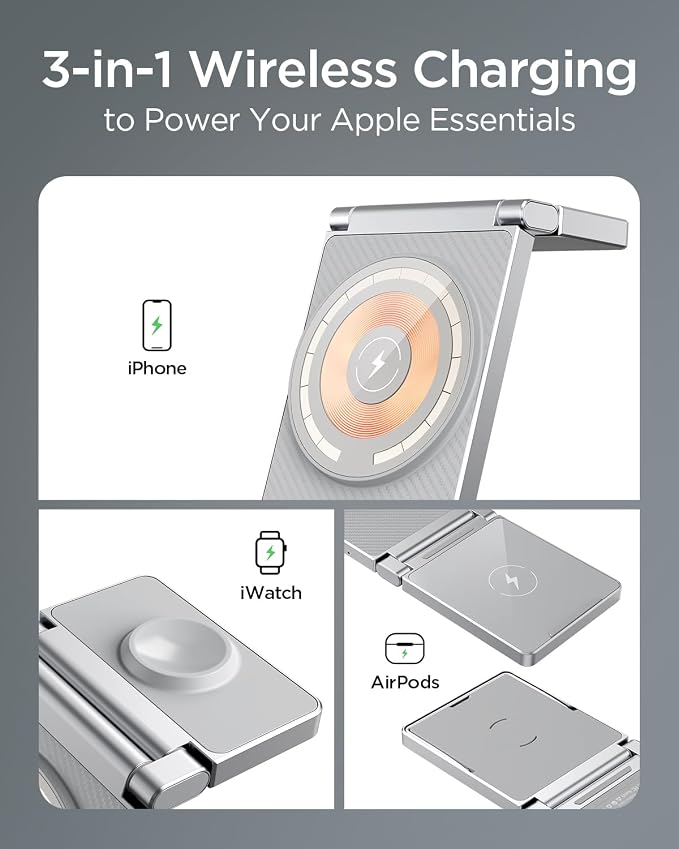 Magnetic Charging Station,Hohosb 3 in 1 Foldable Zinc Alloy Wireless Charger Stand[Compatible with Magsafe Charger] for iPhone 15/14/13/12 Series,AirPods Pro/3/2,Apple Watch/iWatch(Titanium Grey)