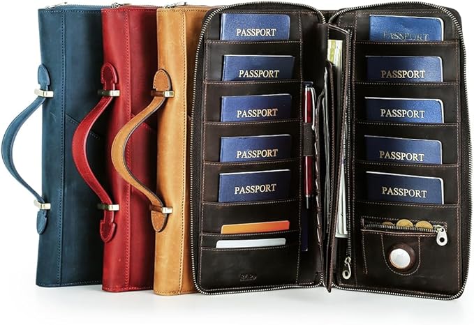CONTACTS Family Passport Holder for 10 Full Grain Leather Compatible with Airtag Passport Holder Family Travel Document Organizer Multiple Rfid Blocking Passport Wallet (Red)