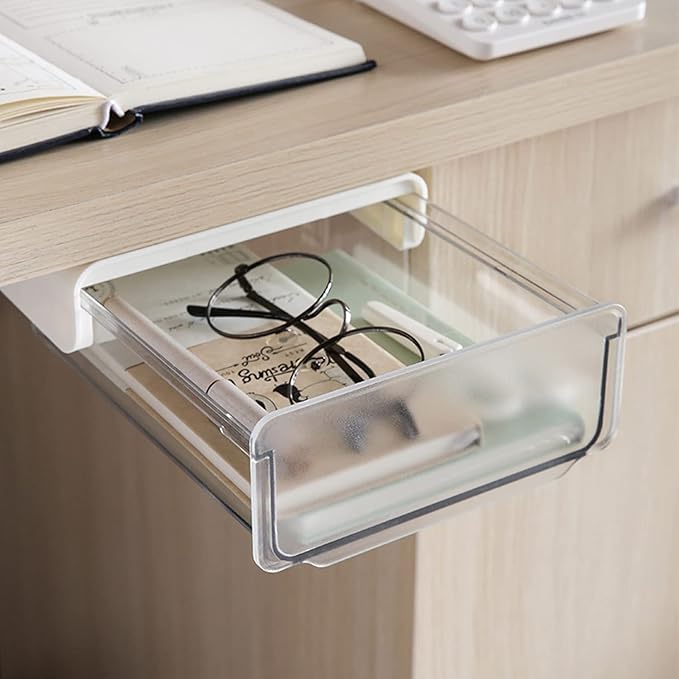 OSPNIEEK Self-adhesive Under Desk Drawer Organizer, 2 Pack Table Hidden Slide Out Large Storage Mounted Desktop Pencil Holder Tray Drawers for Office Home School Stationery Kitchen (White)