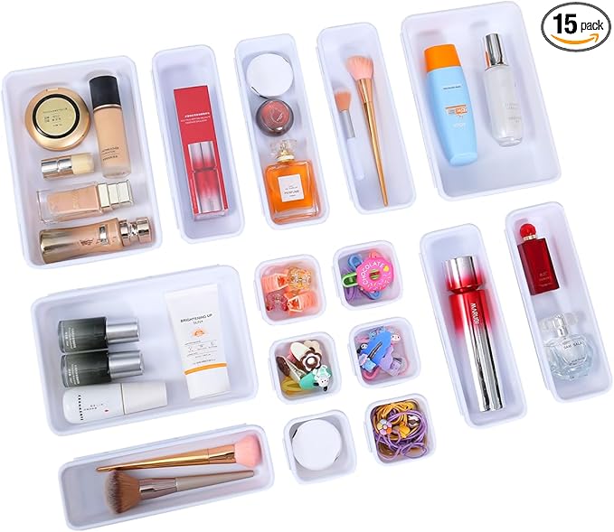 15 PCS Interlocking Desk Drawer Organizer Separator for Office,Bathroom,Kitchen,Makeup（White）