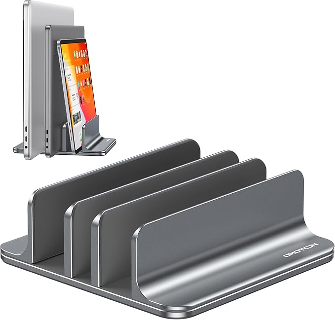 OMOTON Vertical Laptop Stand [Updated 3-Solts Version], Desktop Aluminum Mac Book Stand with Adjustable Dock Size, Fits All Mac Book, Surface, Chrome Book and Gaming Laptops (Up to 17.3 inch), Grey