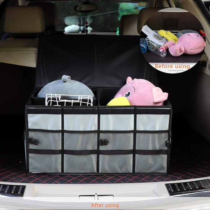 Car Trunk Organizer Collapsible Portable Multi Compartments Organizer with Non Slip Straps for SUV Truck Auto Vehicle Car Auto Minivan (Large covered, Space gray)