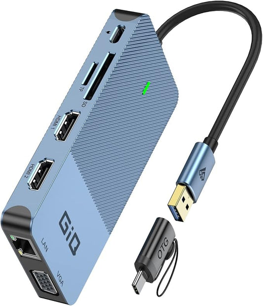 USB Docking Station GIQ USB C HUB USB 3.0 to Dual HDMI VGA Adapter Triple Display USB C Laptop Docking Station Dual Monitor HDMI Splitter Extender Compatible with MacBook M1 M2 M3 M4 M5 USB Dock