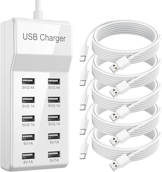 10-Port USB Charging Station 50W 10A with 5-Pack USB-A to C Cables, Ultra-Compact Multi Device Charger Block, Desktop Charging Hub Organizer for Phone, Tablet, Earbuds (White)