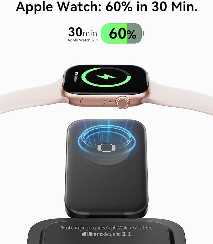 INIU 3-in-1 Charging Station for Apple Device, Qi2 Certified 15W Fast Magnetic Wireless Charger Dock, Travel Charging Compatible with Mag-Safe for iPhone 17 16 15 14 13 12 Series, Apple Watch &AirPods