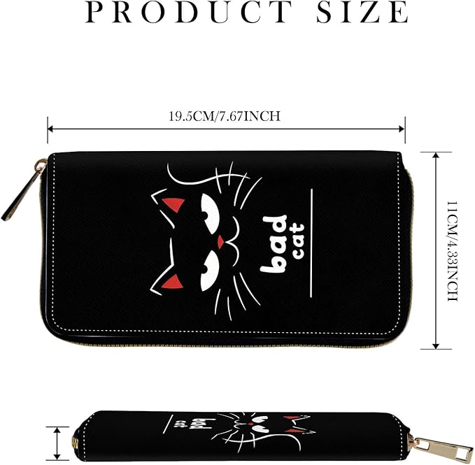 RFID-Blocking Zip Around Wallets for Women with Detachable Wrist Strap,Large Capacity Phone Holder with Card Organizer & Coin Pocket,Funny Cat