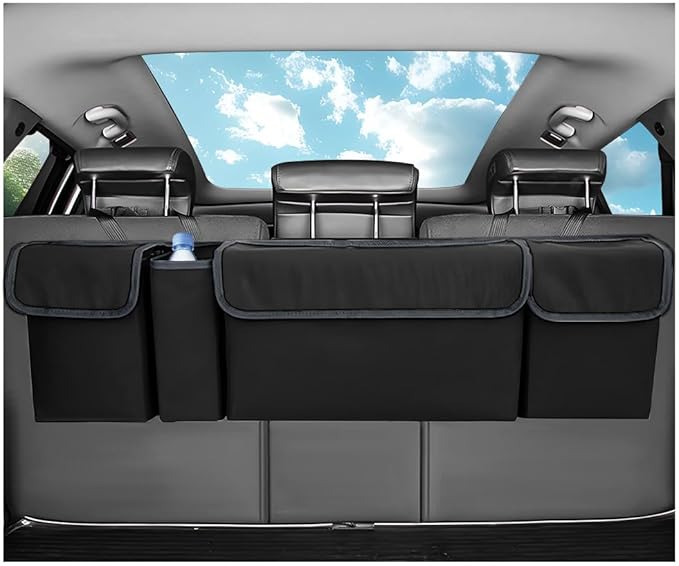 Yourkar Car Trunk Organizer, Oxford Backseat Storage Bag with 4 Pockets, Waterproof Adjustable Large Capacity Hanging Collapsible Bag for Most Vehicles, Universal Car Accessories