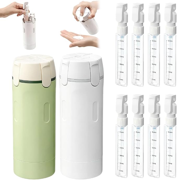 4-in-1 Travel Dispenser Bottle Refillable, 2026 New 4 Pack 30ML Travel Bottles for Toiletries, Leak Proof Travel Size Containers, Shampoo and Conditioner Bottles (Green+White) (Green+White)