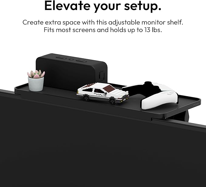 Pixio 12 inch Black Monitor Storage Top Shelf - Adjustable Platform, Universal Fit, Holds Up to 13lbs, Works on TV, Flat, Curved Monitors, Storage for Webcams, Clocks, Phone, Figures