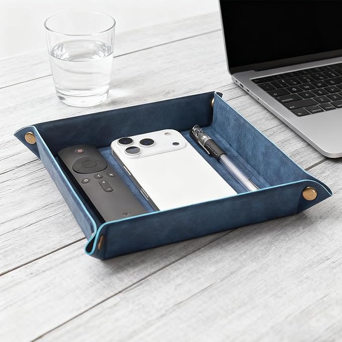 Valet Tray Desktop Storage Organizer – Premium PU Leather Catchall Bedside Vanity Tray Nightstand Caddy Holder for Remote Controller, Keys, Phone, Wallet, Coin, Jewelry,Blue