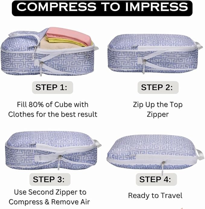 Compression Packing Cubes for Travel 6pc Set with Laundry Bag/Backpack-Luggage Organizers for Suitcase-Lightweight Compressible - Light Blue Boho