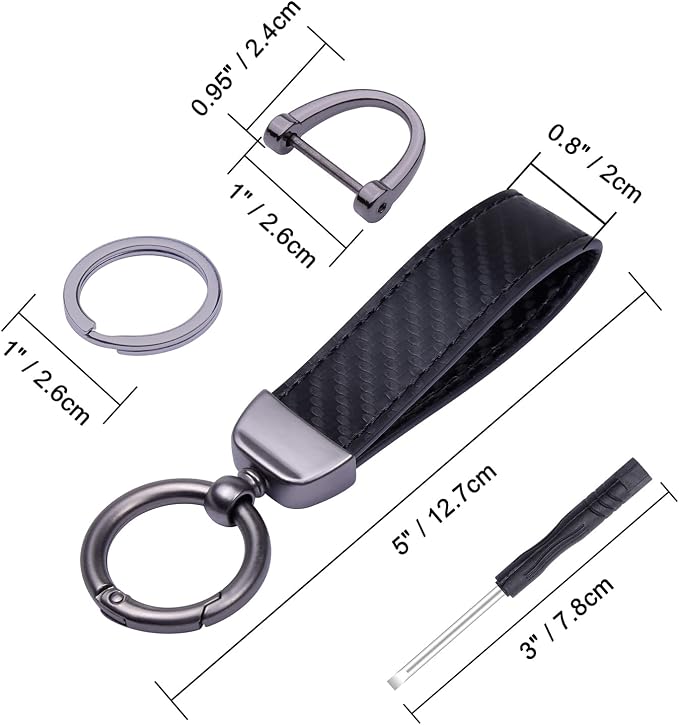 Wisdompro Carbon Fiber Style Car Keychain, Microfiber Leather Key Chain, Universal Key FOB Keychain Holder for Men and Women, with Anti-lost D-ring, 3 Keyrings - Black (with flat connector)