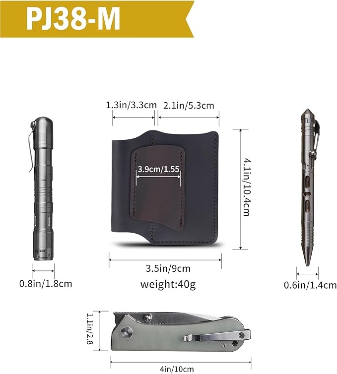 VIPERAED PJ38 Leather Multitool Sheath for Men, 4-in-1 Utility Leather Holster, EDC Pocket Organizer for Pocket Knife Multitool Flashlight and Pen