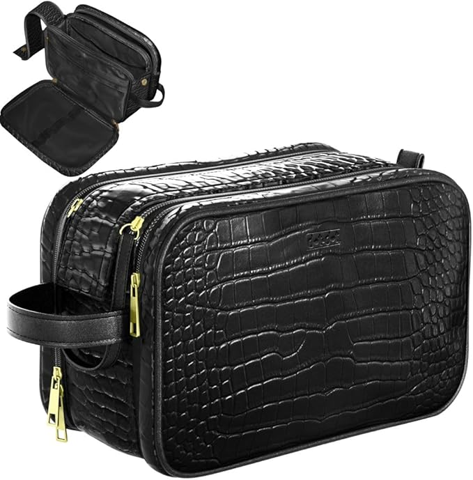 Dot&Dot Leather Toiletry Bag for Men Women - Spacious Womens Mens Toiletry Travel Toiletries Bags (Black Croc)