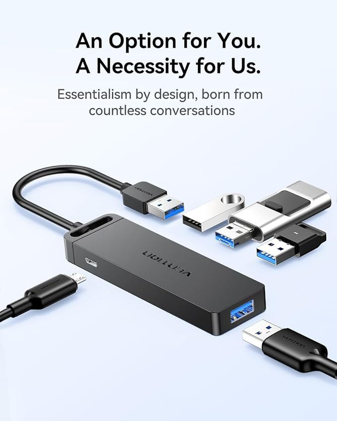 VENTION USB 3.0 Hub for Laptop- Multi USB Port Splitter, Ultra-Slim USB Extender Adapter, 4 Ports Fast Data Transfer for Laptop, MacBook, Printer, PS4, PC, Flash Drive, HDD, Wireless Mouse/Keyboard