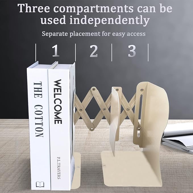 Adjustable Bookends, 19 inches 2 Dividers Heavy Duty Metal Book Holders, Book Storage Rack, Desk Organizer Magazine File Holder for Office, School, Bookstore and Home, Beige