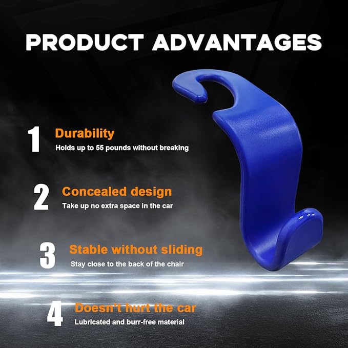povtii 4PCS Car Seat Headrest Hook, Auto Back Seat Hanging Storage Organizer, Vehicle Seatback Hanger Holder for Purse Handbag Coat Umbrella, Universal Interior Car Accessories (Dark Blue)