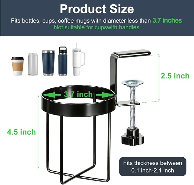 MYITYARD Desk Cup Holder Clamp, Anti-Spill Clip On Table Cup Holder, Rotatable Water Bottle Stand Drink Coffee Mug Storage, Office Accessories for Home and School (Black)