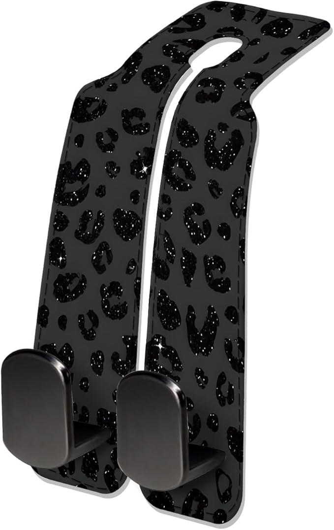 Car Seat Headrest Hook, Universal Leather Cute Hanger Holder Hook, Storage Organizer Interior Accessories for Purse Bags Handbag Luxury Black Leopard