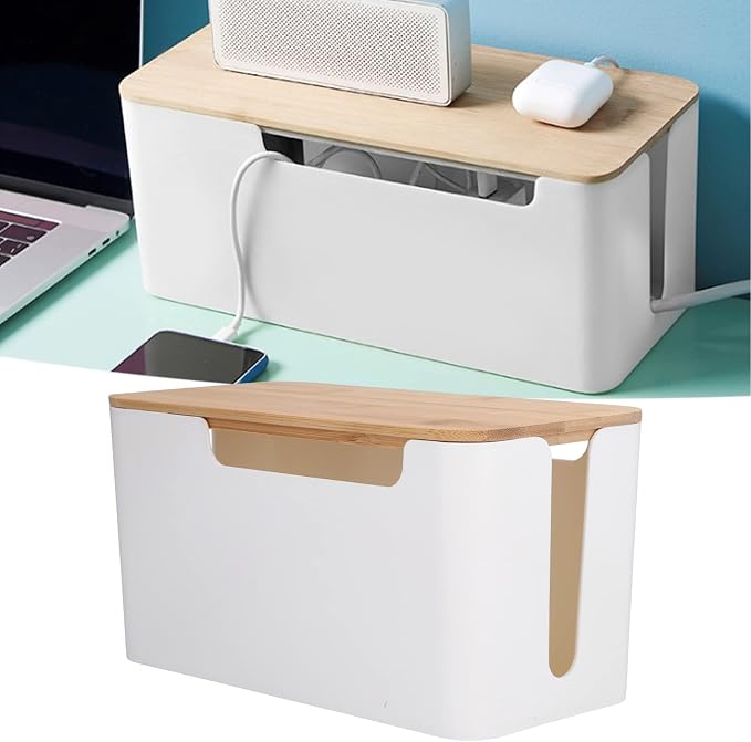 Cable Management Box Small Cord Hider Box with Wooden Lid for Tv Wires Routers Computers Cables Home and Office