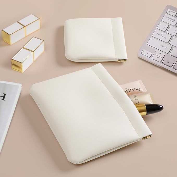 2 Pack Small Makeup Bag for Women, New Organosilicon Super Fiber PU Leather Mini Cosmetic Bag for Travel, Coin Purse Organizer Storage Pouch (Cream)