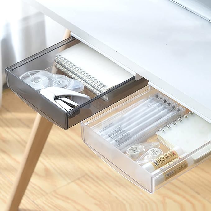 OSPNIEEK Self-adhesive Under Desk Drawer Organizer, 2 Pack Table Hidden Slide Out Large Storage Mounted Desktop Pencil Holder Tray Drawers for Office Home School Stationery Kitchen (Large, Black)
