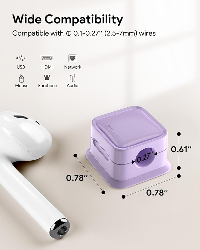 8 Pack Magnetic Cord Organizer, Easy Secure Adhesive Cable Management, Wire Holder Keeper Organizer Management, Hide/Organize Phone USB Charger Cable for Home,Office,Car,Desk,Nightstand-Purple